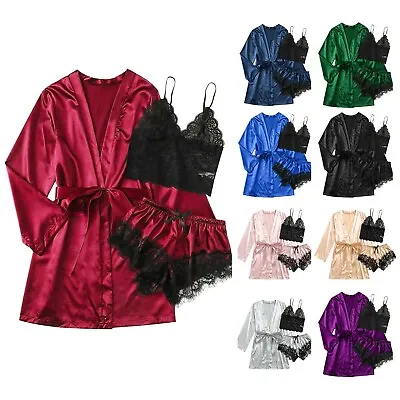 $26.59 • Buy 3PCS/Set Women Sexy Satin Silk Sleepwear Nightwear Lace Night Gown Long Dressing