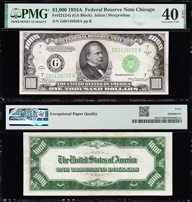 Amazing Crisp HIGH GRADE 1934 A $1000 Chicago FRN Bill PMG 40 EPQ! $1000 • $4995