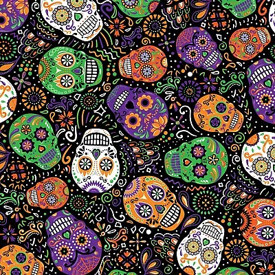 Fabric Skulls Day Of Dead Mardi Gras TIMELESS TREASURES Cotton 1/4 Yard C8664 • $1.99