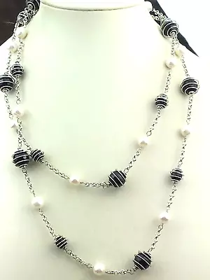 Vintage Style Necklace Freshwater Pearl Black Onyx Caged Beads Chain NO OFFER • $10