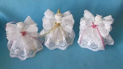 3 Vintage Christmas Angel Ornaments Lace Ribbon Pearls Rose Trim Hang Or Stand • $12