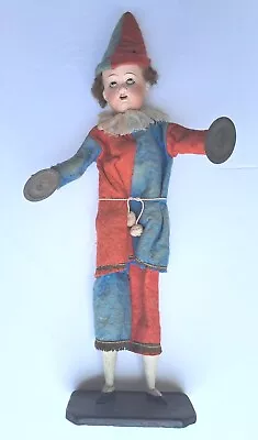 Vintage Antique Mechanical Squezze Jester W/cymbals German Bisque Head Doll • $240