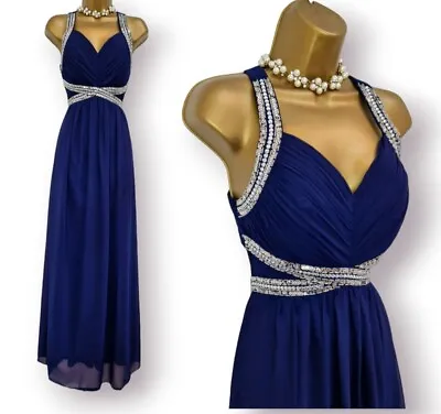 QUIZ Chiffon Navy Embellished Evening Prom Christmas Party Long Dress ~ Size 8 • £24.99
