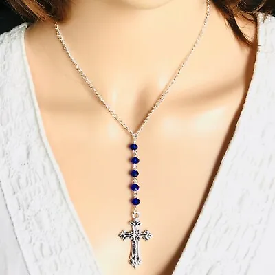 $14.99 • Buy Classy Cross Pendant Beads 18  Necklace September Sapphire Birthstone Fashion