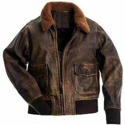 Mens Aviator Navy G-1 Flight Jacket Real Brown Distressed Leather Bomber Jacket • $58.99