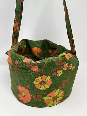 Vintage 6Os Mod Floral Bucket Bag Tote Purse Army Green Fluorescent Orange. • $38