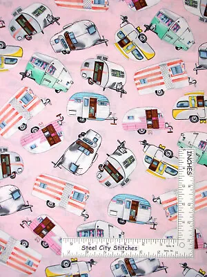 Camper RV Trailer Camp Pink Cotton Fabric Timeless Treasures C5392 By The Yard • $10.93