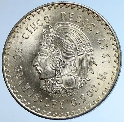 1947 MEXICO Aztec Chieftain CUAUHTEMOC Eagle VINTAGE Silver 5 Peso Coin I113392 • $336.15