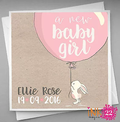 Personalised Handmade Card For New Baby Bunny Balloon Boy Girl Cute Vintage • £3.39