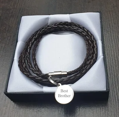 Mens Leather Swrap Bracelet With Engraved Charm / Personalised Free Gift Box • £13.99