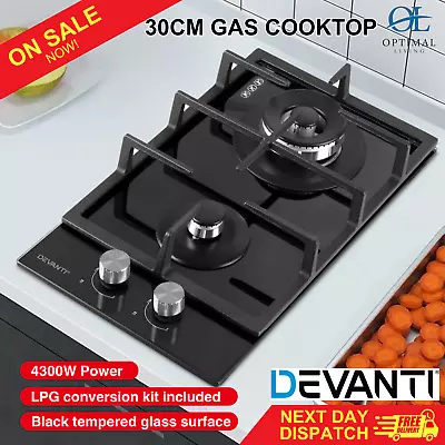 Devanti Gas Cooktop 30cm Gas Stove Cooker 2 Burner Cook Top Knobs NG LPG Black • $151.35