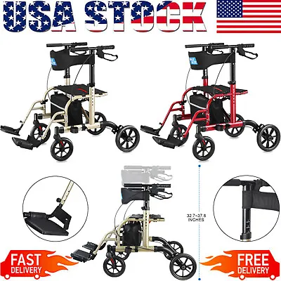 Adjustable 2 In 1 Medical Rollator Walker Folding 10” Wheels Transport Chair US  • $151.99