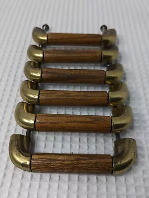 Vintage Wood & Brass Drawer Cabinet Pulls Handles Knobs Lot Of 6 With Screws • $14.99