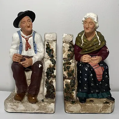 Vintage Chalkware Bookends Old Man Woman Couple Quilting Smoking Packing Pipe • $24.97