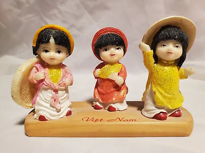 Vietnamese Three Girls Child Figurine Souvenir Wood Base Hand Painted 5  X 3  • $24.93