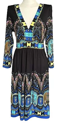 ECI New York Multicolor Paisley V-Neck 3/4 Sleeve Waist Tie Pullover Dress Sz M • $13.30