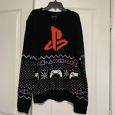 Sony Playstation Black Holiday Ugly Christmas Sweater Gamer Logo Mens Medium • $30