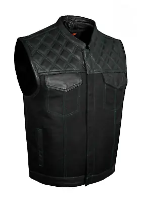 Men's Denim Leather Motorbike  Green Thread Diamond Stitching Vest • $150