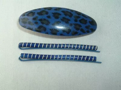 Vintage Blue Black Plastic Hair Barrette & 2 Blue Metal Bobby Pins Accessroy • $12.60