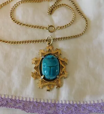 Vintage Turquoise Clay Scarab Beetle Pendant Necklace • $5