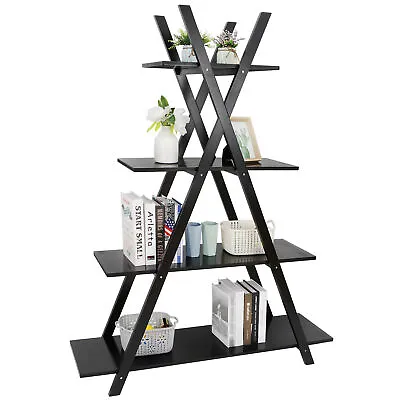 4-Tier Bookshelf A-Frame Bookcase Wooden Ladder Shelf Open Display Shelves Black • $57.58