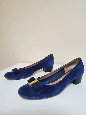 Salvatore Ferragamo Navy Blue Ballet Pumps Block Heels 7.5 B 24cm Suede Vara Bow • $250