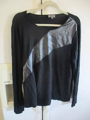 Vince Black Faux Leather Panel Stripe  Easycare Stretch Knit  Blouse Top  1x • $10.99