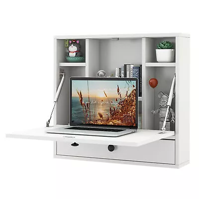 Wall-mounted Desk Floating Computer Workstation W/ Shelves Home Office White • $74