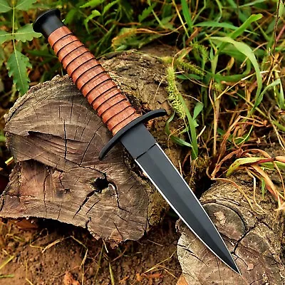 Double-Edged V42 Military Combat Leather Stiletto Dagger Knife With Sheath • $42.75