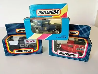 Matchbox Mb 38 - Ford Model A Van × 3. Ribena  Crusha Bass Museum. Boxed. • £5