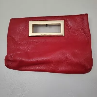 Michael Kors Berkley Red Pebbled Leather Clutch Bag Gold Handles Sexy Purse GNO • $50