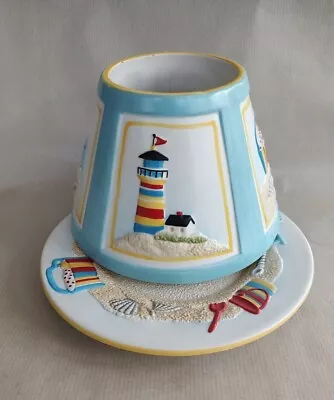 YANKEE CANDLE Large 'Seaside Stripe' Topper/Shade & Plate • £18
