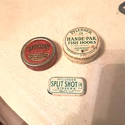 3 Vintage Tins Mucilin Fishing Line Dressing Pflueger Split Shot & Hooks Tins • $27.95