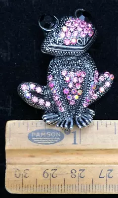 Vintage Frog Brooch Pin Pink Silver Crystal Glass Rhinestone • $11.99