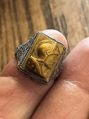 Vintage Tiger's Eye Roman Warrior Cameo Ring Size Adjustable Silver • $100