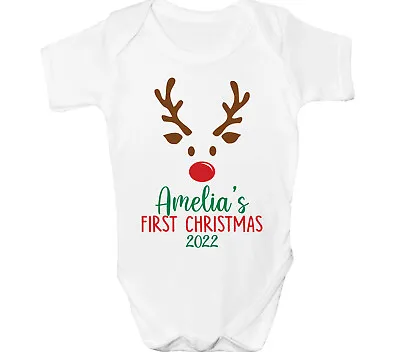 Personalised First Christmas Baby Grow Suit Boys Girls Any Name Reindeer Gift • £6.99