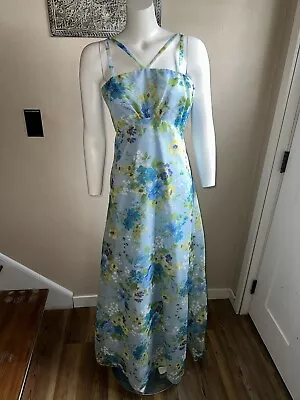 Vintage 60s 70s Blue Floral Maxi Prom Dress With Modesty Shawl • $30
