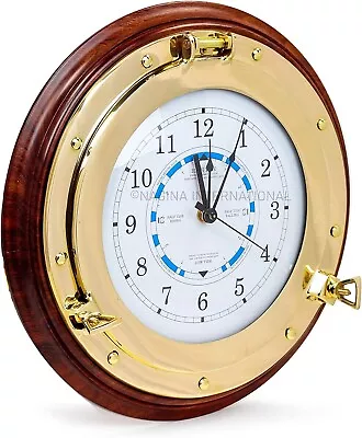 Nautical Time Tide Clock On Premium Wood Base Polished Brass Porthole Wall Decor • $270