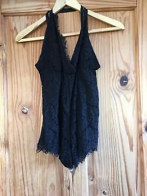 Black Lace Cross Back Playsuit Size UK 4 6 Extra Xtra Small Club Party Dress  • £9.99