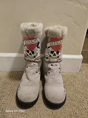 Ed Hardy Taupe Suede Moccasin Mid-Calf Fur Lined Suede Boots Size US 9 • $65