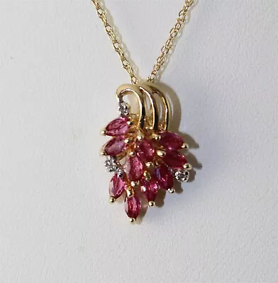 Vintage 14K Yellow Gold Marquise Rubies & Diamond Pendant 18  Necklace • $140
