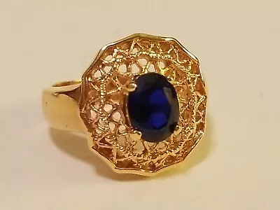 14k HGE Yellow Gold Lind Signed Jewelry Ring Size 7 Blue Oval Stone • $15