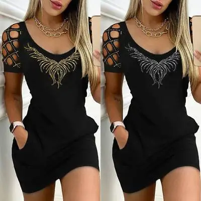 $17.49 • Buy Womens Cold Shoulder V Neck Bodycon Sexy Mini Dress Ladies Summer Party Sundress