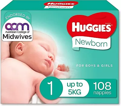 Huggies New-born Nappies Size 1 (Up To 5kg) 108 Count • $59.99