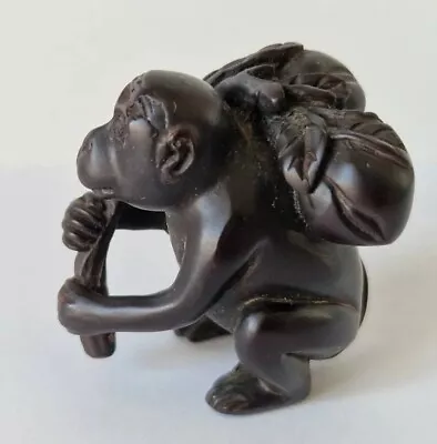 £24 • Buy Antique Netsuke Monkey Ape Carrying Nuts Carved Wood Treen Japanese Katabori