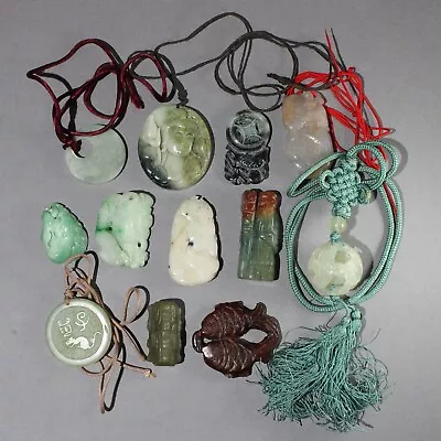 $8.50 • Buy 12Pc Vintage Chinese Carved Jade And Hardstone Pendants Group Lot #15