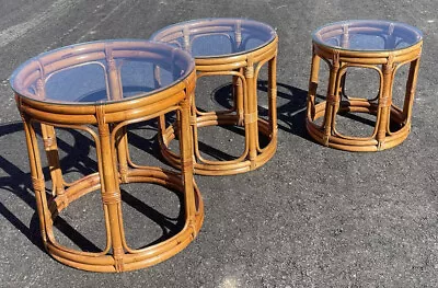 3 Tables Rattan Boho Bamboo Wicker Round Glass Tops Vintage • $499.99