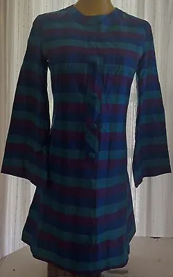 Vintage 60’s Silk Shantung Lined Shift Dress Striped Cubed Pattern Bell Sleeves • $45
