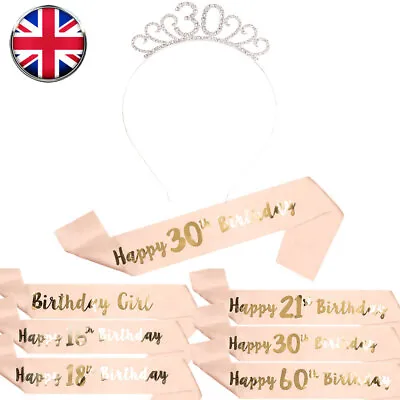 Happy Birthday Sash Tiara Set 16/18/21st/30/50/60th Girl Crown Rose Gold Party • £4.79