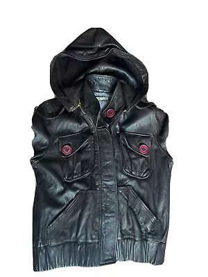 Mike & Chris Leather Jacket Hood  Brown Button Sz M Women • $99